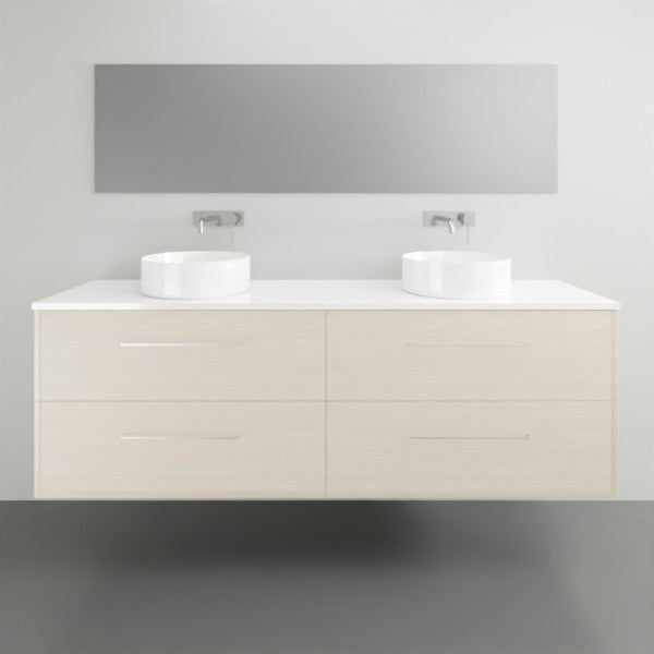 Timberline Grange wall hung vanity with white top, double basin and light woodgrain drawers in a bathroom setting