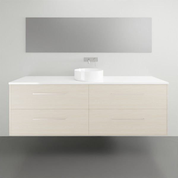 Timberline Grange wall hung vanity in light woodgrain with white top and round basin, front view