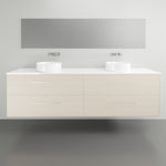Timberline Grange wall hung vanity with white Silk Surface top, double basins and light woodgrain drawers