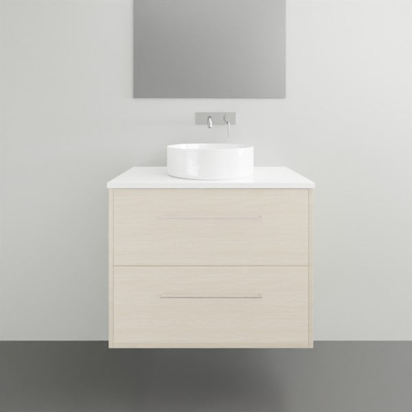 Timberline Grange wall hung vanity in light woodgrain with white Silk Surface top and round basin
