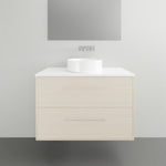 Timberline Grange wall hung vanity with white Silk Surface top and basin, light woodgrain finish, front view