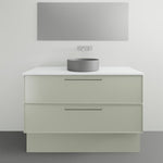 Timberline Henley Kent floor standing vanity in soft green, with white benchtop and round above counter basin, front view