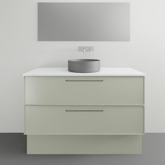 Timberline Henley Kent floor standing vanity in soft green, with white benchtop and round above counter basin, front view