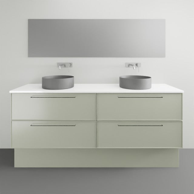 Timberline Henley Kent floor standing vanity in pale green with white top and twin grey above counter basins, front view