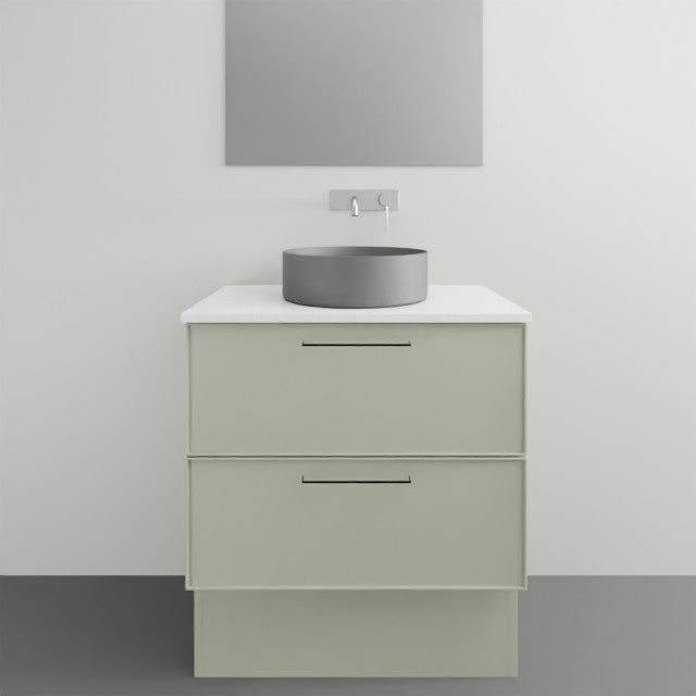 Timberline Henley Kent floor standing vanity in pale green with white top and round grey above counter basin, front view