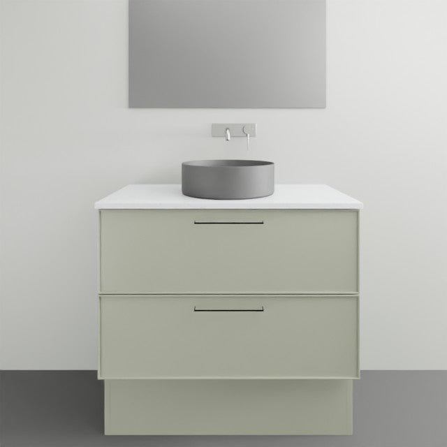 Timberline Henley Kent floor standing vanity in pale green with white top and round above counter basin, front view
