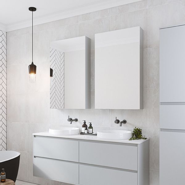 Timberline Jazz white rectangular shaving cabinet mounted above a double vanity in a modern bathroom
