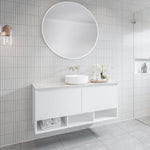 Timberline Kansas wall hung vanity in white with round above counter basin, open shelf storage and wall-mounted design in a tiled bathroom