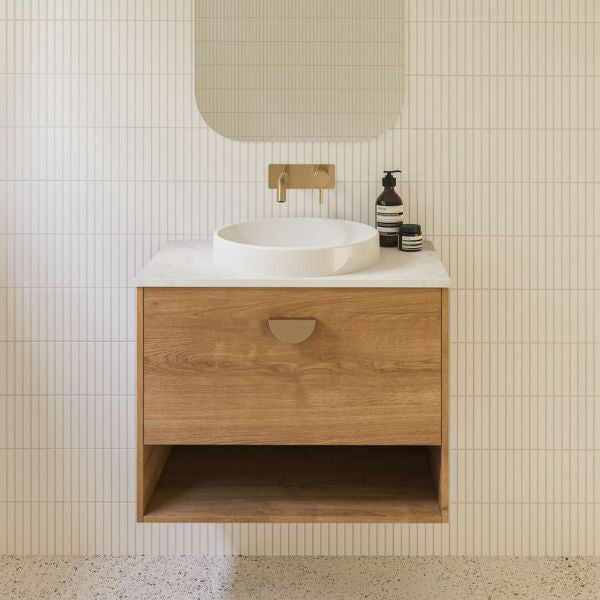 Timberline Kansas wall hung vanity in woodgrain finish with white above-counter basin and open shelf below