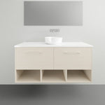 Timberline Kansas wall hung vanity in light woodgrain with white above-counter basin and open shelves below