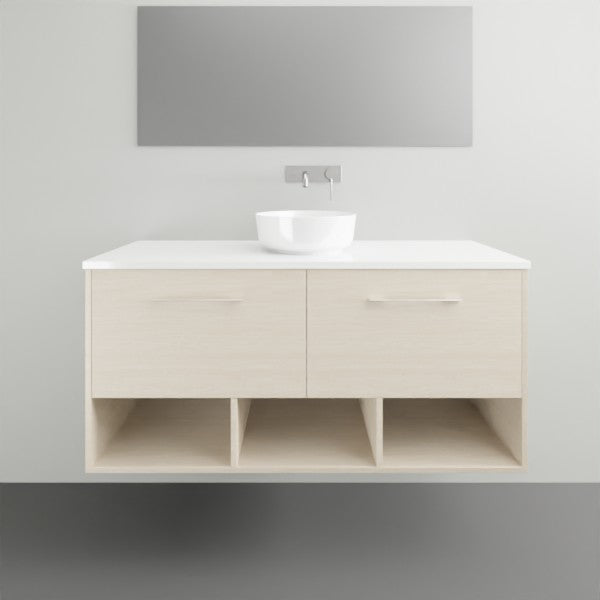 Timberline Kansas wall hung vanity in light woodgrain with white above-counter basin and open shelves below