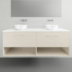 Timberline Kansas wall hung vanity in light woodgrain finish with white top, double above-counter basins and open shelves