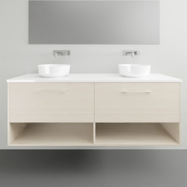 Timberline Kansas wall hung vanity in light woodgrain finish with white top, double above-counter basins and open shelves