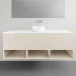 Timberline Kansas wall hung vanity with white above-counter basin, white top and open shelf storage beneath