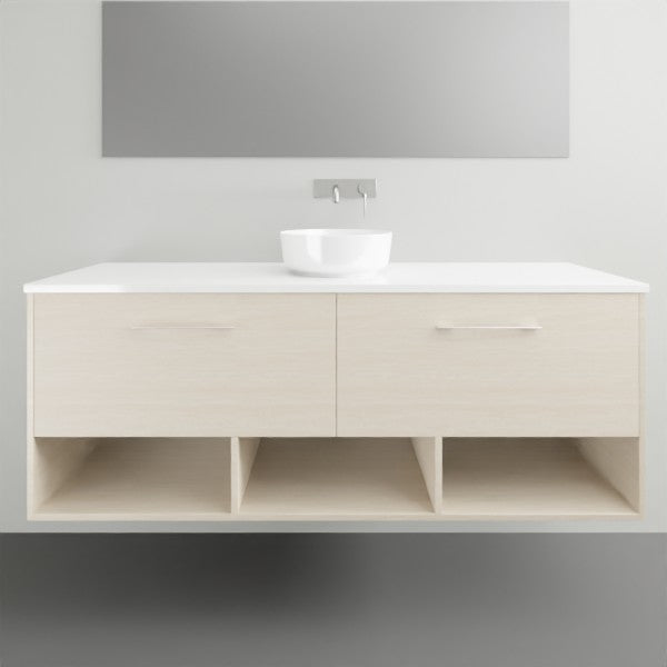 Timberline Kansas wall hung vanity with white above-counter basin, white top and open shelf storage beneath