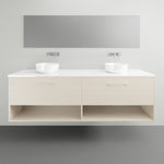 Timberline Kansas wall hung vanity with white above counter basins, light woodgrain finish and open shelves below