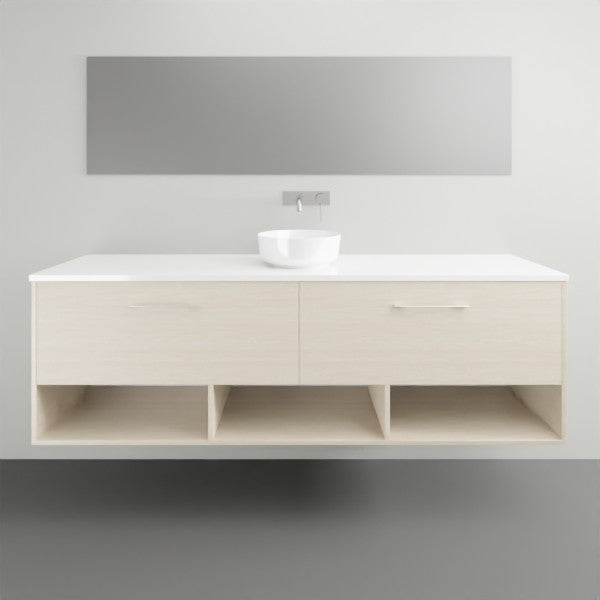 Timberline Kansas wall hung vanity in pale timber finish with white above-counter basin and open shelves
