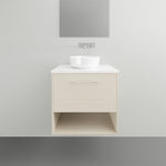 Timberline Kansas wall hung vanity in light timber finish with white above-counter basin and open shelf below, front view
