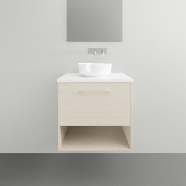 Timberline Kansas wall hung vanity in light timber finish with white above-counter basin and open shelf below, front view