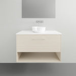 Timberline Kansas wall hung vanity in light woodgrain with white above-counter basin, front view, open shelf below