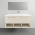 Timberline Kansas wall hung vanity with Haven top, light woodgrain finish, white basin top and open shelf below