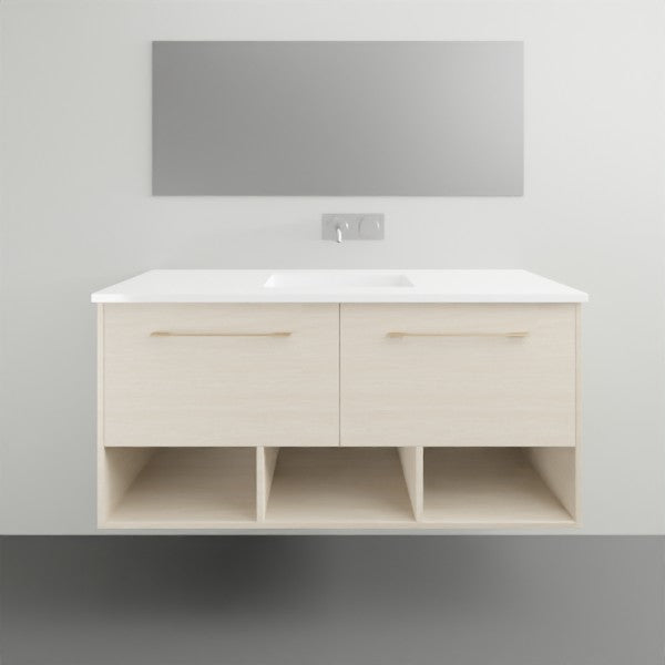 Timberline Kansas wall hung vanity with Haven top, light woodgrain finish, white basin top and open shelf below