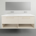 Timberline Kansas wall hung vanity with white Haven top, light woodgrain finish, open shelf and double drawers