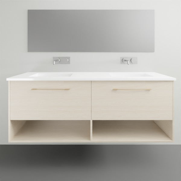 Timberline Kansas wall hung vanity with white Haven top, light woodgrain finish, open shelf and double drawers