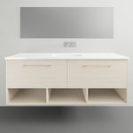 Timberline Kansas wall hung vanity with Haven top, light woodgrain finish, white benchtop and open shelf below