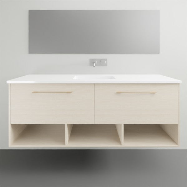 Timberline Kansas wall hung vanity with Haven top, light woodgrain finish, white benchtop and open shelf below