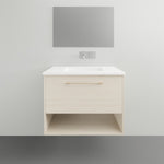 Timberline Kansas wall hung vanity with Haven top, black satin finish, white integrated basin and open shelf, front view