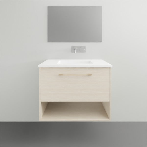 Timberline Kansas wall hung vanity with Haven top, black satin finish, white integrated basin and open shelf, front view