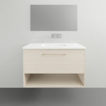 Timberline Kansas wall hung vanity with Haven top, light woodgrain finish, white basin top and open shelf under, front view