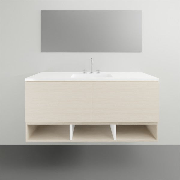Timberline Kansas wall hung vanity with white Regal acrylic top, light woodgrain finish and integrated basin, front view