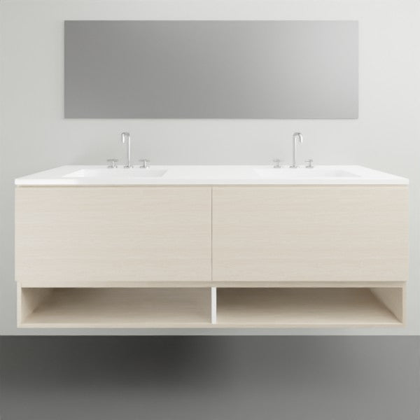 Timberline Kansas wall hung vanity with Regal Acrylic top, 1800mm double bowl, light woodgrain finish with mirror above