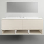 Timberline Kansas wall hung vanity with Regal acrylic top, light woodgrain finish, front view with integrated basin by wall mirror