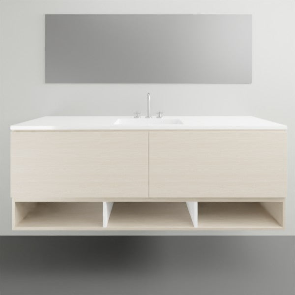 Timberline Kansas wall hung vanity with Regal acrylic top, light woodgrain finish, front view with integrated basin by wall mirror
