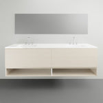 Timberline Kansas wall hung vanity with Regal acrylic top, light woodgrain finish, double basin and mirror above
