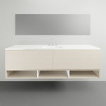 Timberline Kansas wall hung vanity with white Regal acrylic top, central basin and light woodgrain finish