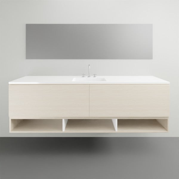 Timberline Kansas wall hung vanity with white Regal acrylic top, central basin and light woodgrain finish