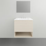 Timberline Kansas wall hung vanity in light woodgrain with white acrylic top and integrated basin, front view