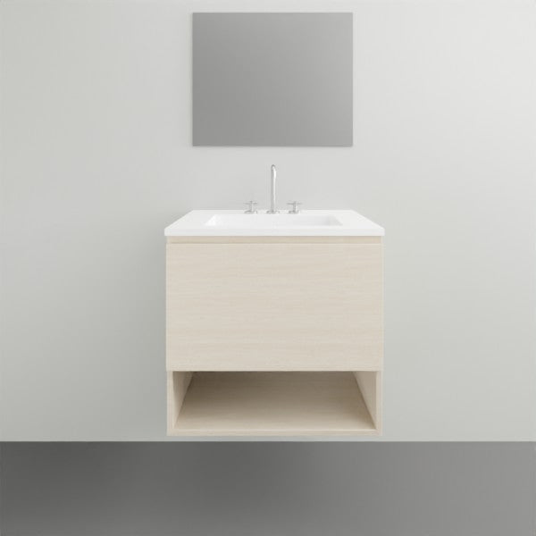 Timberline Kansas wall hung vanity in light woodgrain with white acrylic top and integrated basin, front view