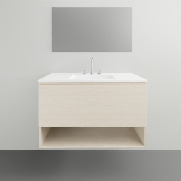 Timberline Kansas wall hung vanity with Regal acrylic top, light woodgrain finish, integrated basin and open shelf, front view