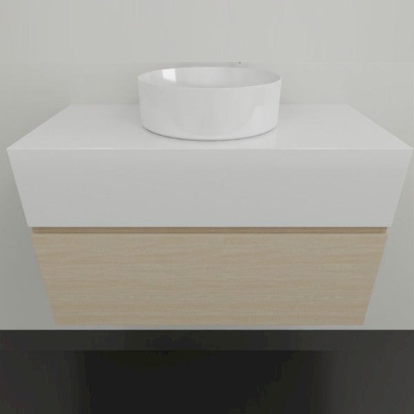 Timberline Kingsley wall hung vanity, white SilkSurface box top, white above counter basin and light woodgrain drawer front