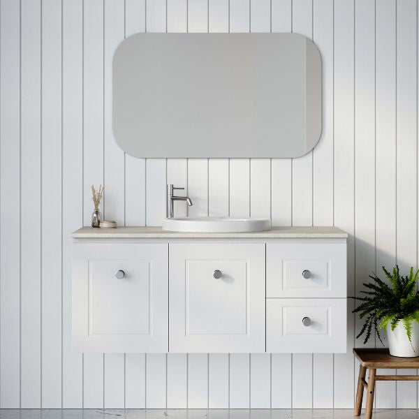 Timberline Nevada Classic wall hung vanity in white with SilkSurface top and centre basin, front view in bathroom setting