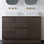Timberline Nevada floor standing vanity in dark woodgrain finish with white stone top and above-counter basin in bathroom setting