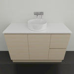 Timberline Nevada floor standing vanity with white top and round above-counter basin, light woodgrain finish, front view