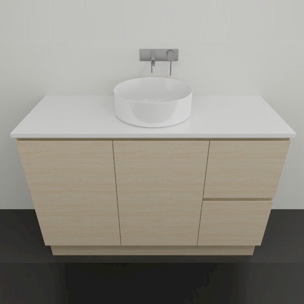 Timberline Nevada floor standing vanity with white top and round above-counter basin, light woodgrain finish, front view