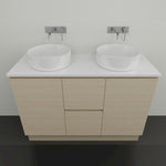 Timberline Nevada floor standing vanity with white top, double white above counter basins and pale woodgrain finish