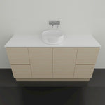 Timberline Nevada floor standing vanity in light woodgrain with white stone top and round above counter basin